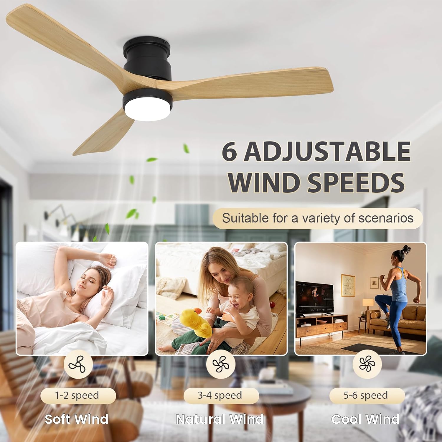 Flush Mount Ceiling Fan with Light Remote, 52inch Natural Wood Ceiling Fans, 6 Speeds Reversible DC Motor 3CCT LED Lighting, Indoor Outdoor Fan Farmhouse Bedroom Living Room