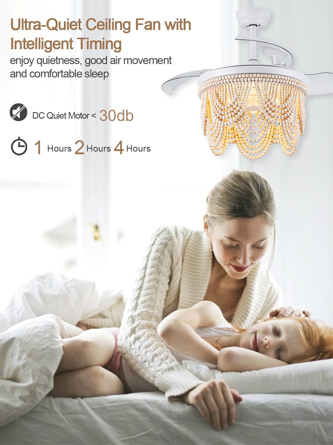 42 Inch Boho Ceiling Fan with Lights Retractable Chandelier Ceiling Fan Wood Beaded Coastal Chandelier for Bedroom Living Room White Fandelier 3 E26 Bulb, 6 Speeds Reversible Quiet DC Motor
