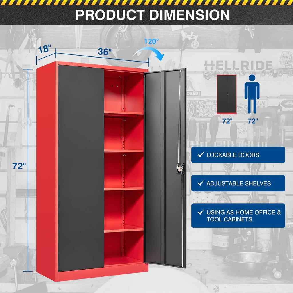 Fesbos Metal Storage Cabinet-72' Tall Steel File Cabinets with Lockable Doors and Adjustable Shelves-Black&Red Steel Storage Cabinet for Kitchen, Office, Garage