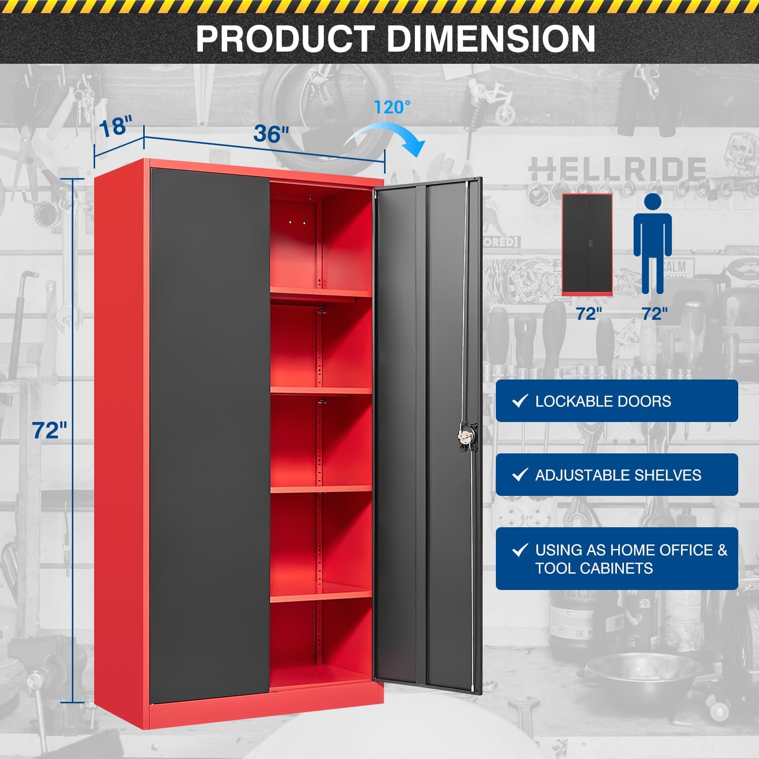 Fesbos Metal Storage Cabinet-72' Tall Steel File Cabinets with Lockable Doors and Adjustable Shelves-Black&Red Steel Storage Cabinet for Kitchen, Office, Garage
