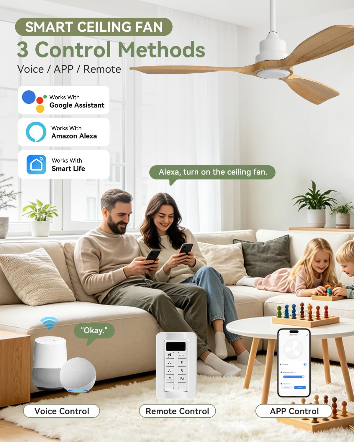 Sofucor 48 Inch Smart Ceiling Fan No Light-Outdoor Smart Ceiling Fan with Alexa/Google/APP/Remote Control,Wood Blades Ceiling Fan Without Light,Modern Ceiling Fan for Indoor Bedroom/Living Room/Patios