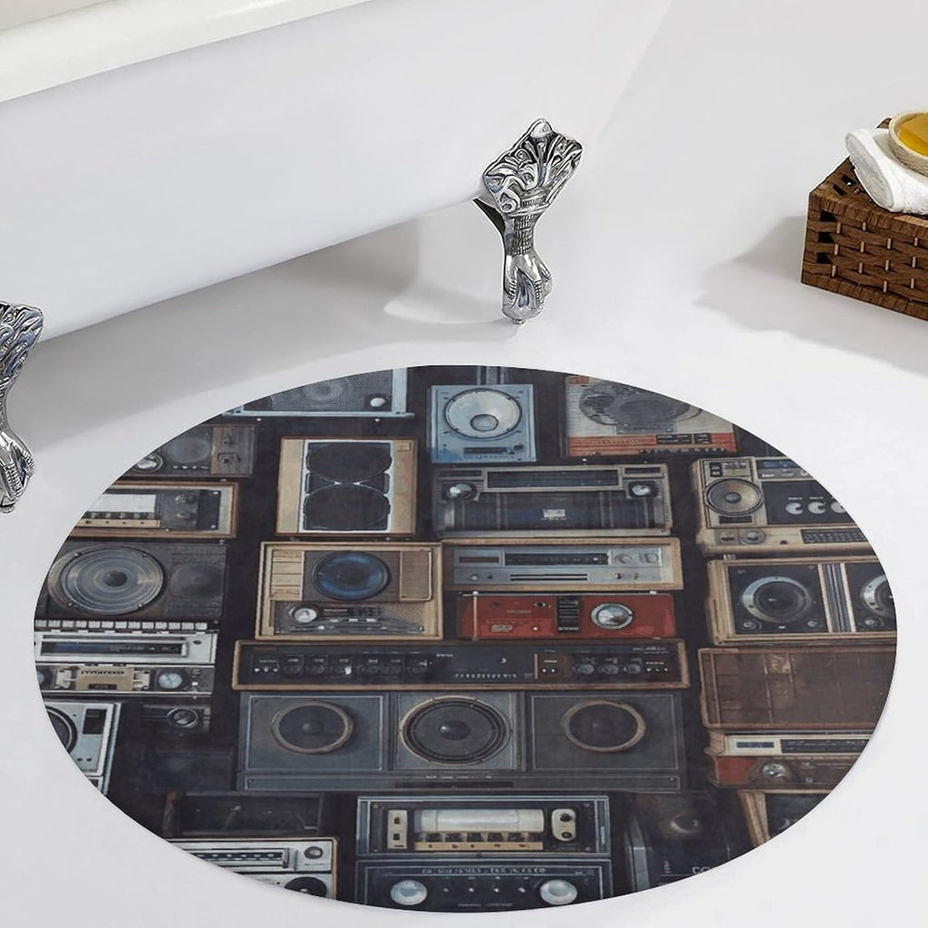 Vintage Wall of Radio Boombox Coral Velvet Round Floor Mat Non-Slip Bath Rug Floor Covering for Bathroom Vanity Guest Suite & Vacation Home