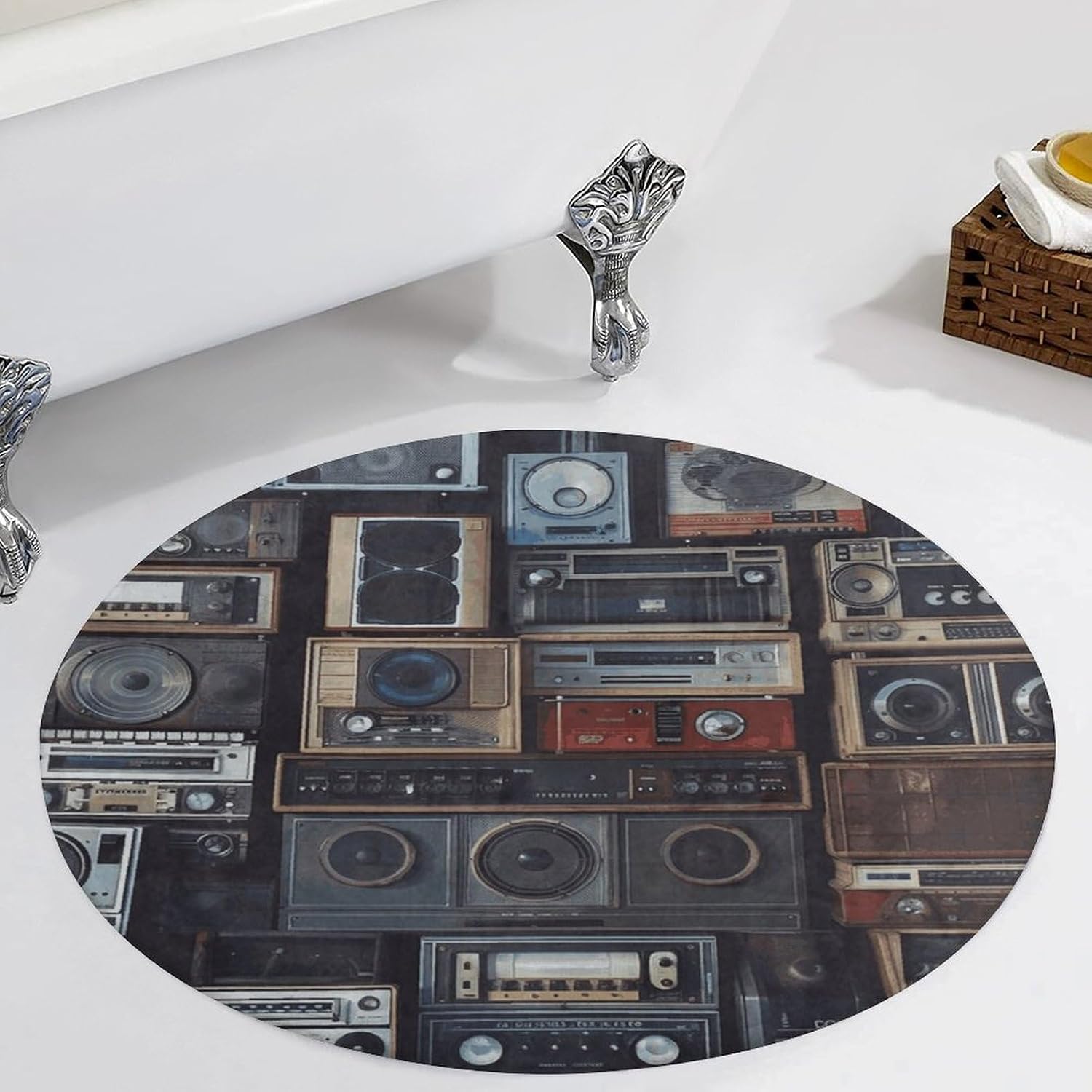 Vintage Wall of Radio Boombox Coral Velvet Round Floor Mat Non-Slip Bath Rug Floor Covering for Bathroom Vanity Guest Suite & Vacation Home