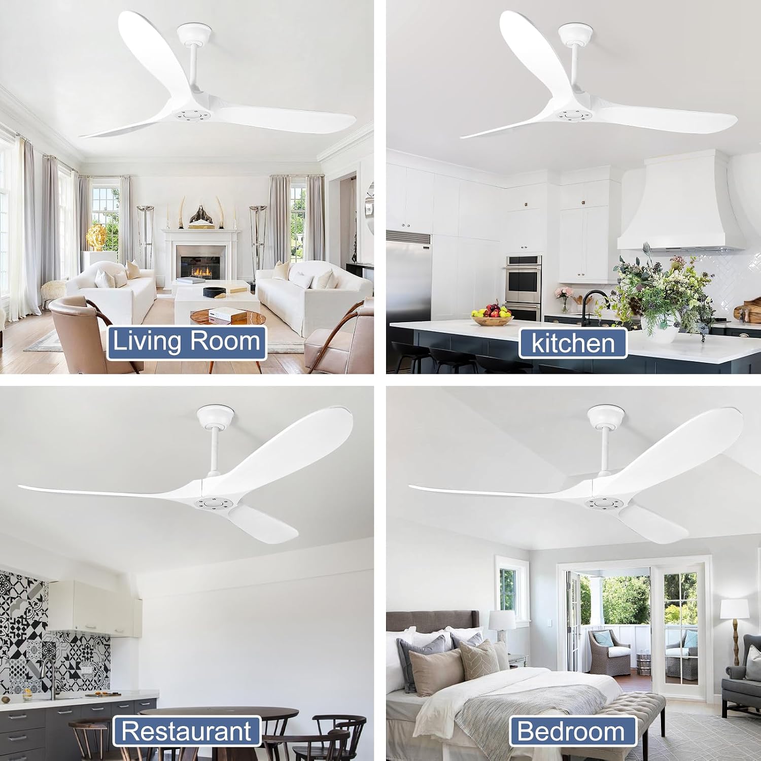 Solid Wood Ceiling Fans no Light, Ceiling Fan with Remote Control,DC Motor with Large Airflow,Indoor and Outdoor Ceiling Fan for Living Room,Bedroom,Patios（White,52 Inch）