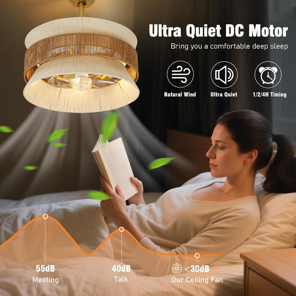 Boho Fandelier Ceiling Fan with Light，Gold Rattan Chandelier Fan Remote Caged Fandelier Ceiling Fan for Bedroom,Nursery,Foyer,Kitchen and Living Room，6 Speeds Timing Adjustment Height Enclosed,20Inch