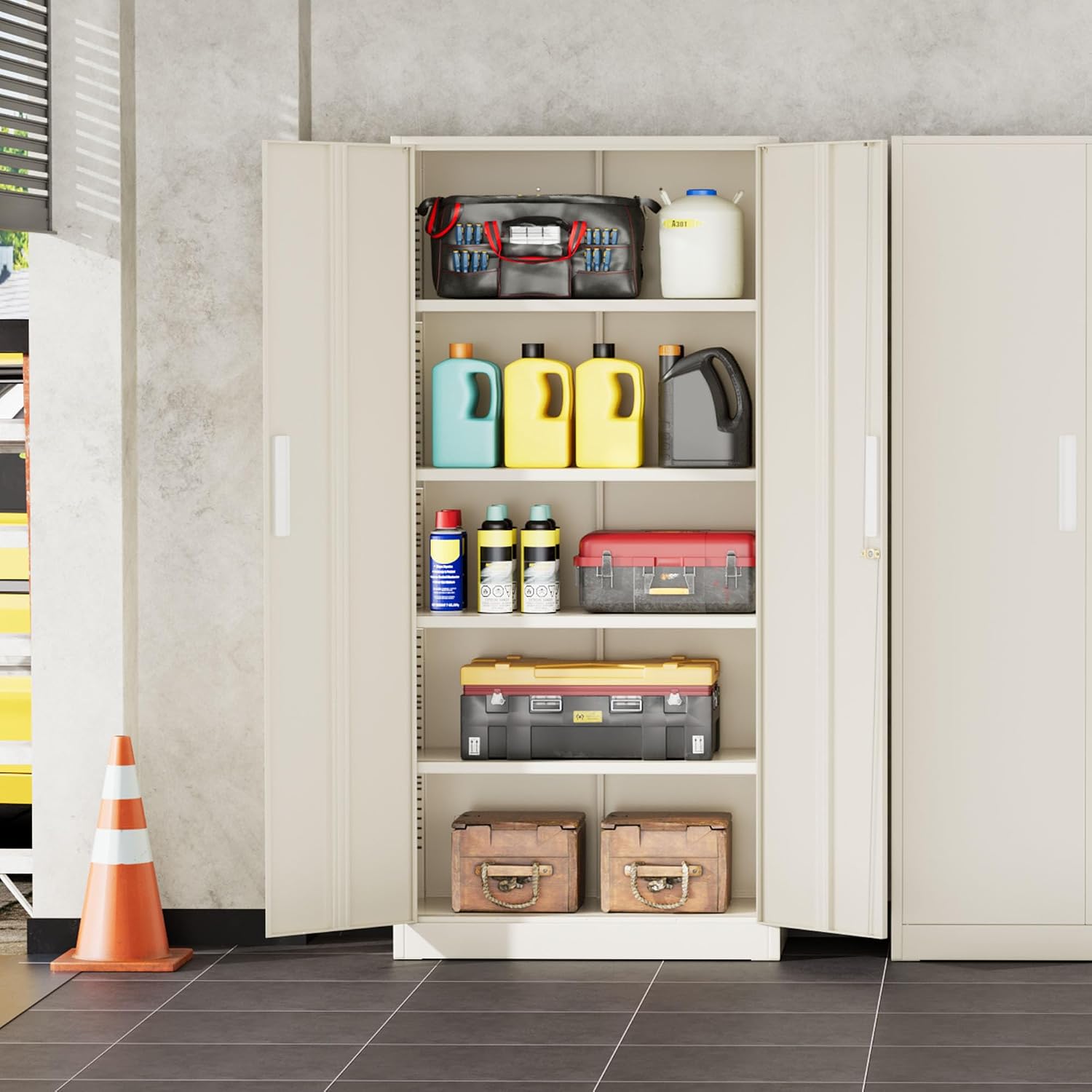 INTERGREAT Garage Storage Cabinet with Lock, 72' Metal Storage Cabinet with Locking Doors and 4 Adjustable Shelves, Lockable Tool Steel Cabinet for Home Office, School, Putty Grey