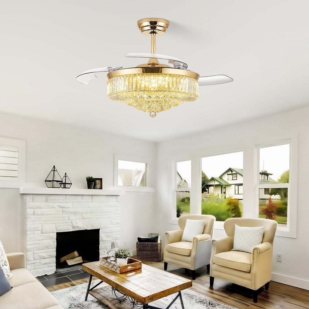 FIDGRA 52 Inch Fandelier Ceiling Fan with Light, Retractable Chandelier Fan, 3 Color Temperature, 6 Wind Speed, Crystal Ceiling Fan for Bedroom Living Room Dining Room-Gold