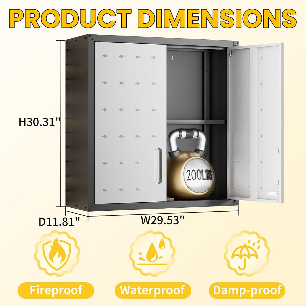 Garage Storage Cabinets Wall Mount, Locking Metal Wall Cabinets with Doors and Adjustable Shelves, Floating Hanging Storage Cabinet for Garage, Basement