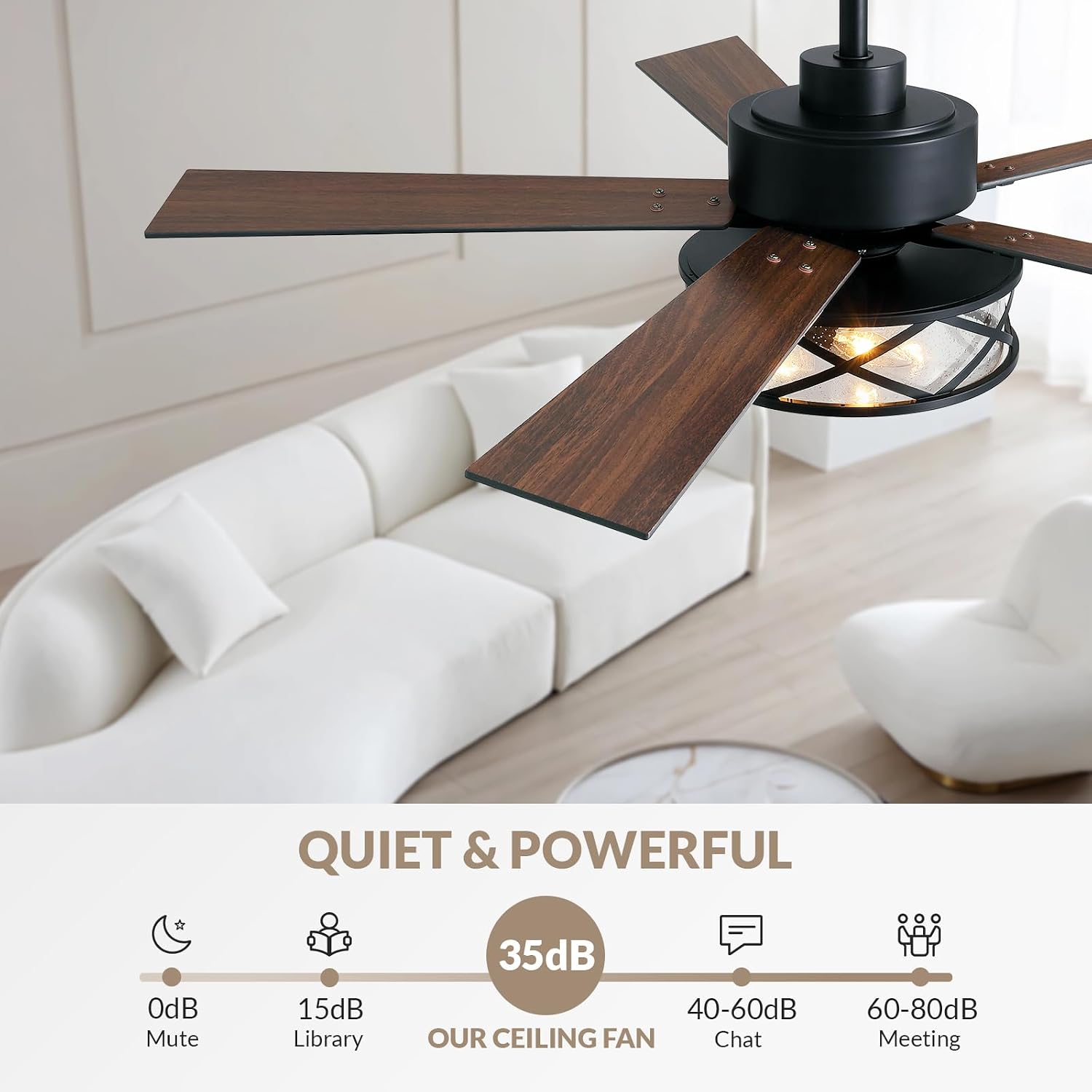 Farmhouse Ceiling Fans with Lights and Remote Control, 52 Inch Rustic Fandelier Ceiling Fan with Bubble Glass Shade 6-Speed Caged Ceiling Fan for Living Dining Room Bedroom,Walnut/Brown