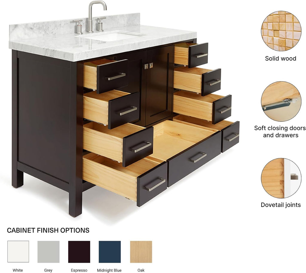 ARIEL Cambridge 48-inch Bathroom Vanity with Sink,Solid Wood, 2-inch Italian Carrara Marble Countertop, Single Rectangular Porcelain Sink, 2 Soft Closing Doors, 9 Dovetail Drawers, Espresso