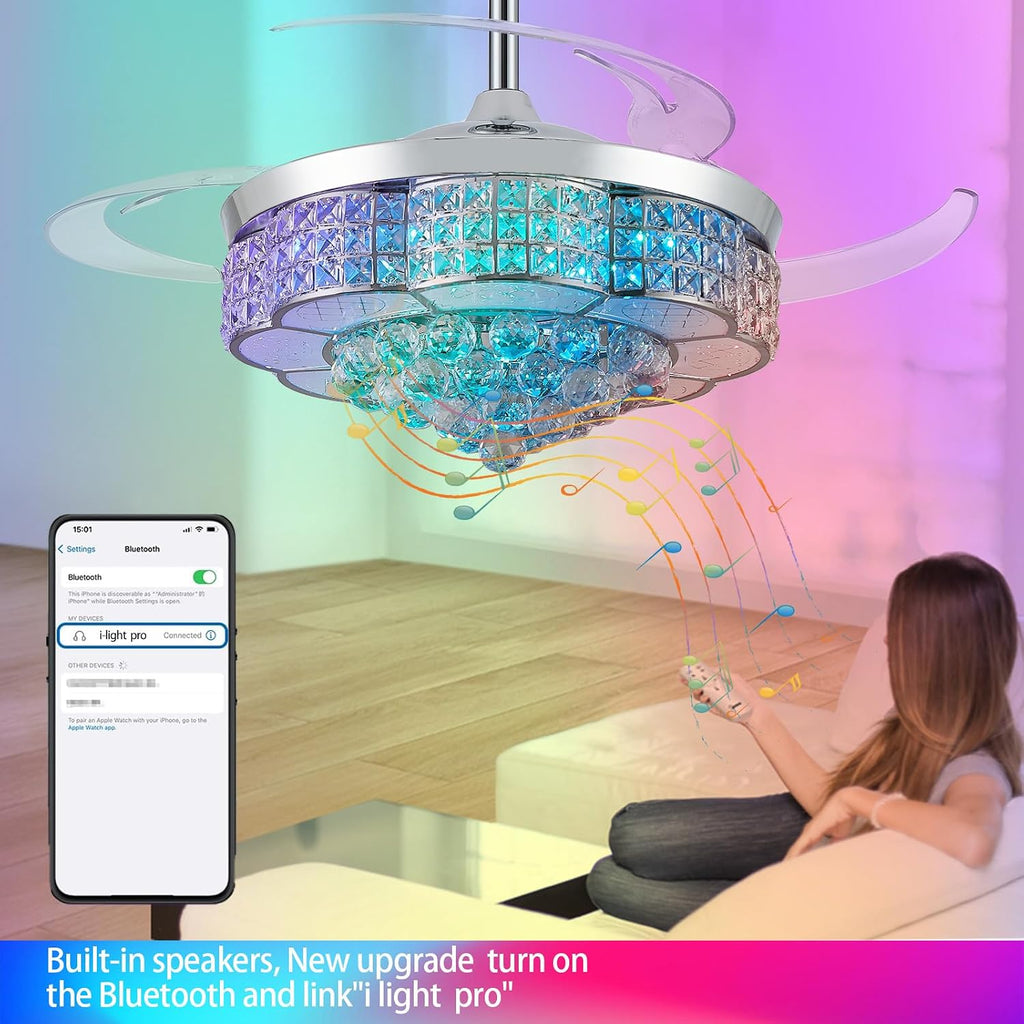 36' RGB Retractable Crystal Ceiling Fan with Light and Speaker Dimmable Bluetooth Chandelier Fan, 6 Speed Timer Fandelier, APP/Remote Control & Speaker for Bedroom,Silver