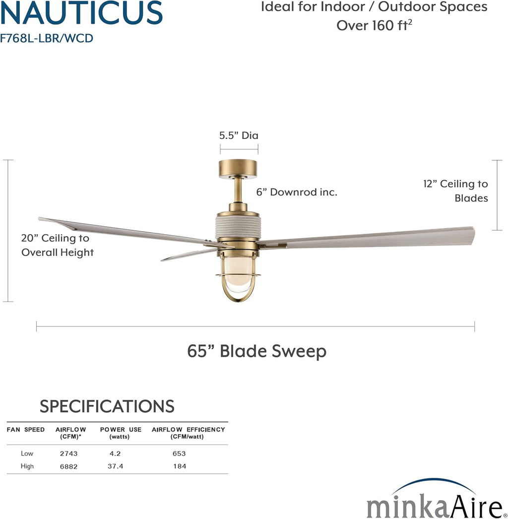 MINKA-AIRE F768L-LBR/WCD Nauticus 65' 3-Blade LED Smart Indoor/Outdoor Ceiling Fan in Legacy Brass and Warm Coastal Driftwood Finish Blades with Clear Glass