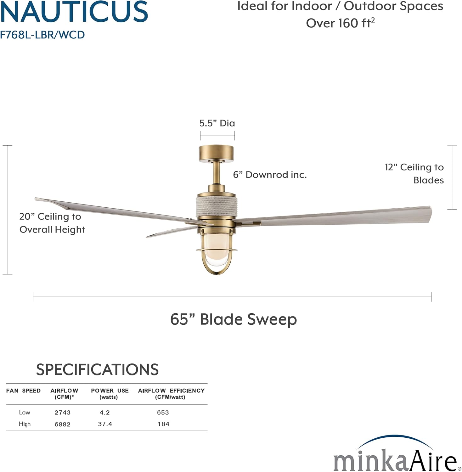 MINKA-AIRE F768L-LBR/WCD Nauticus 65' 3-Blade LED Smart Indoor/Outdoor Ceiling Fan in Legacy Brass and Warm Coastal Driftwood Finish Blades with Clear Glass