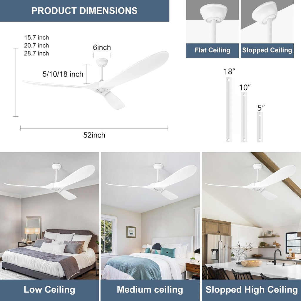 Solid Wood Ceiling Fans no Light, Ceiling Fan with Remote Control,DC Motor with Large Airflow,Indoor and Outdoor Ceiling Fan for Living Room,Bedroom,Patios（White,52 Inch）