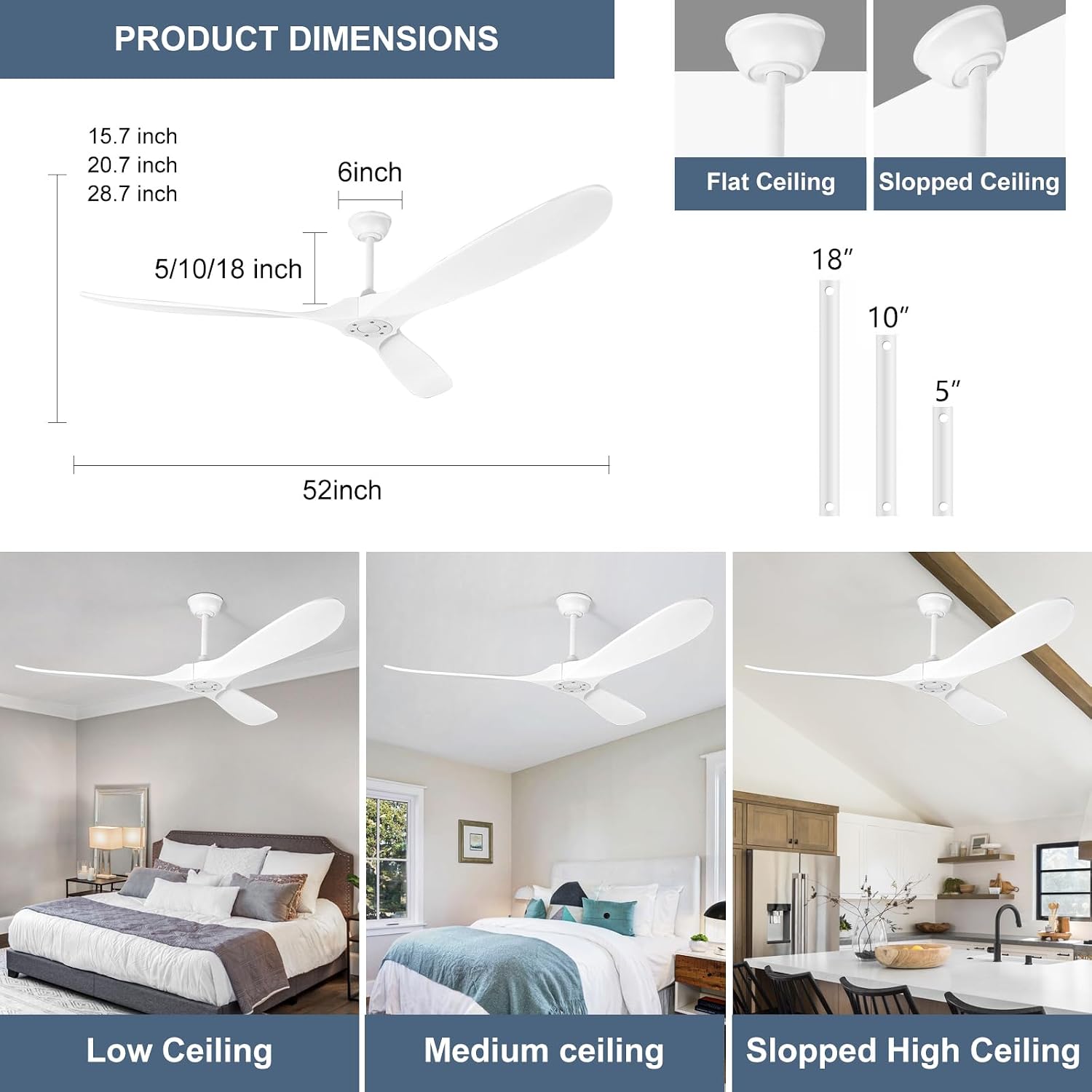 Solid Wood Ceiling Fans no Light, Ceiling Fan with Remote Control,DC Motor with Large Airflow,Indoor and Outdoor Ceiling Fan for Living Room,Bedroom,Patios（White,52 Inch）