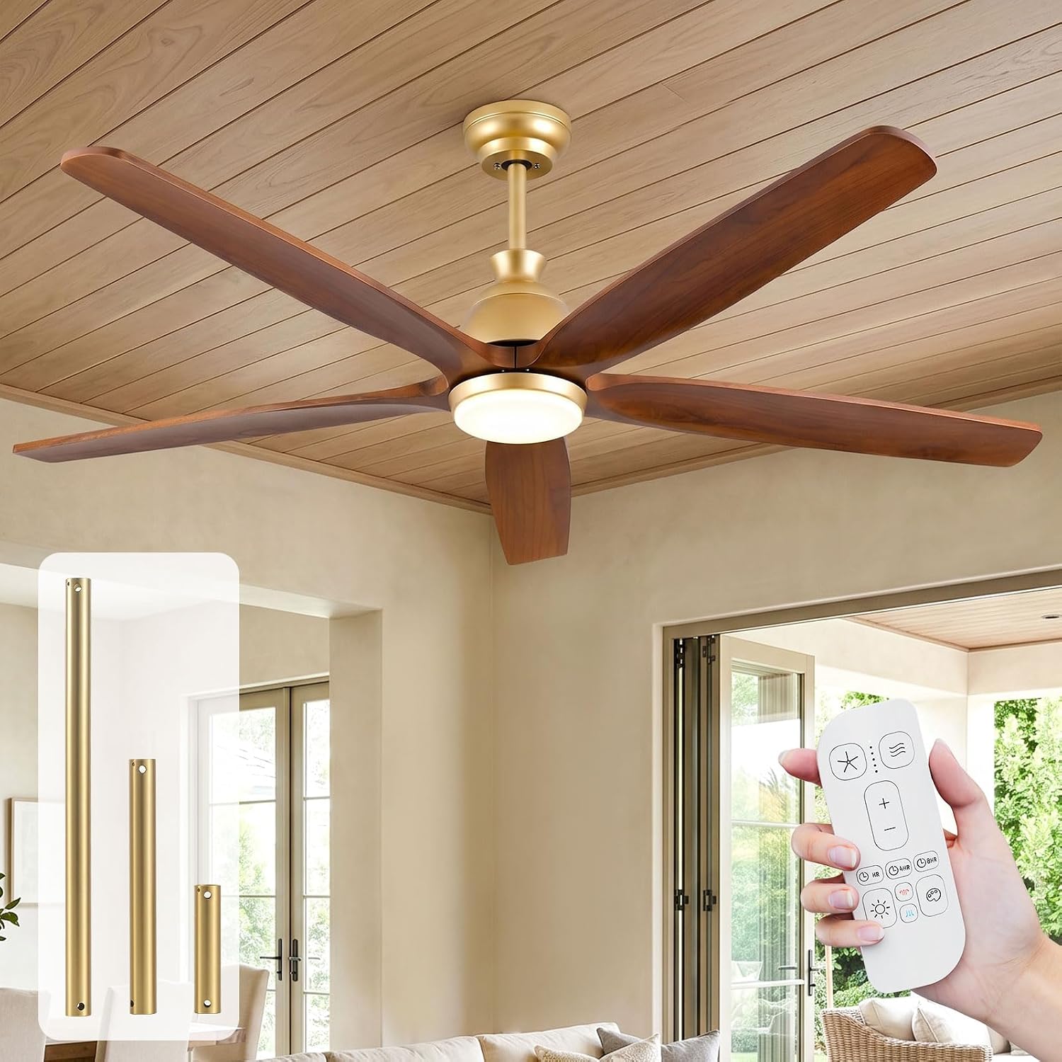 52 Inch Ceiling Fan with Lights, Gold Brass Finish, Solid Wood Ceiling Fan, Outdoor Damp Rated for Patio, High CFM Quiet Reversible DC Motor, Rustic Farmhouse Blades, for Indoor Living Room Bedroom