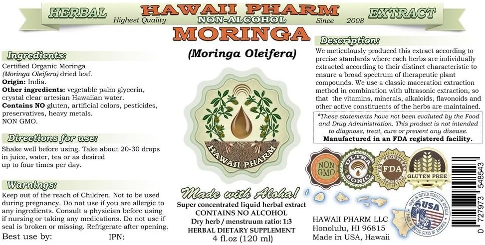 Hawaii Pharm Moringa Alcohol-Free Liquid Extract, Moringa (Moringa Oleifera) Leaf Glycerite Natural Herbal Supplement, USA 15x4 oz