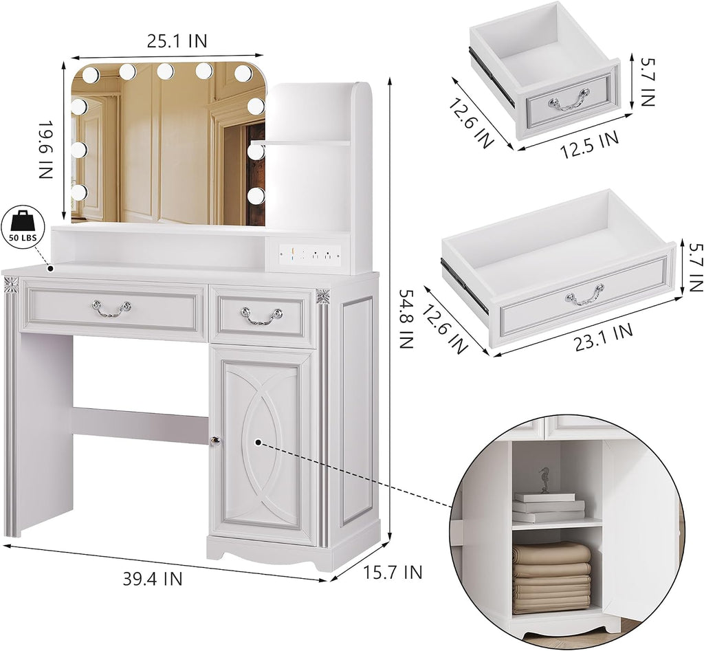 Lareth Vanity Desk with Lighted Mirror, 39.4 inch Vintage Makeup Table with Power Outlet, Bedroom Vanity Dressing Table with Adjustable Lights & 2 Drawers, Gifts for Teen Girls Women, White