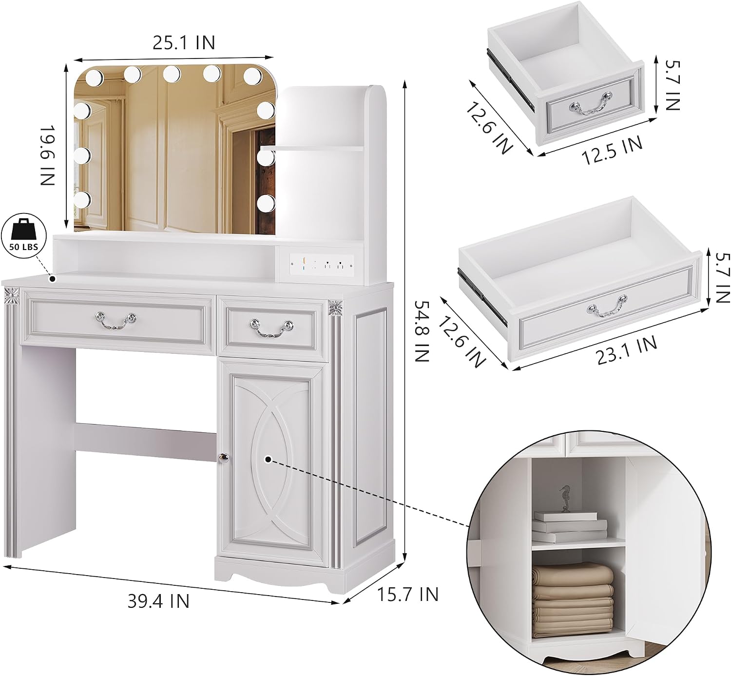 Lareth Vanity Desk with Lighted Mirror, 39.4 inch Vintage Makeup Table with Power Outlet, Bedroom Vanity Dressing Table with Adjustable Lights & 2 Drawers, Gifts for Teen Girls Women, White
