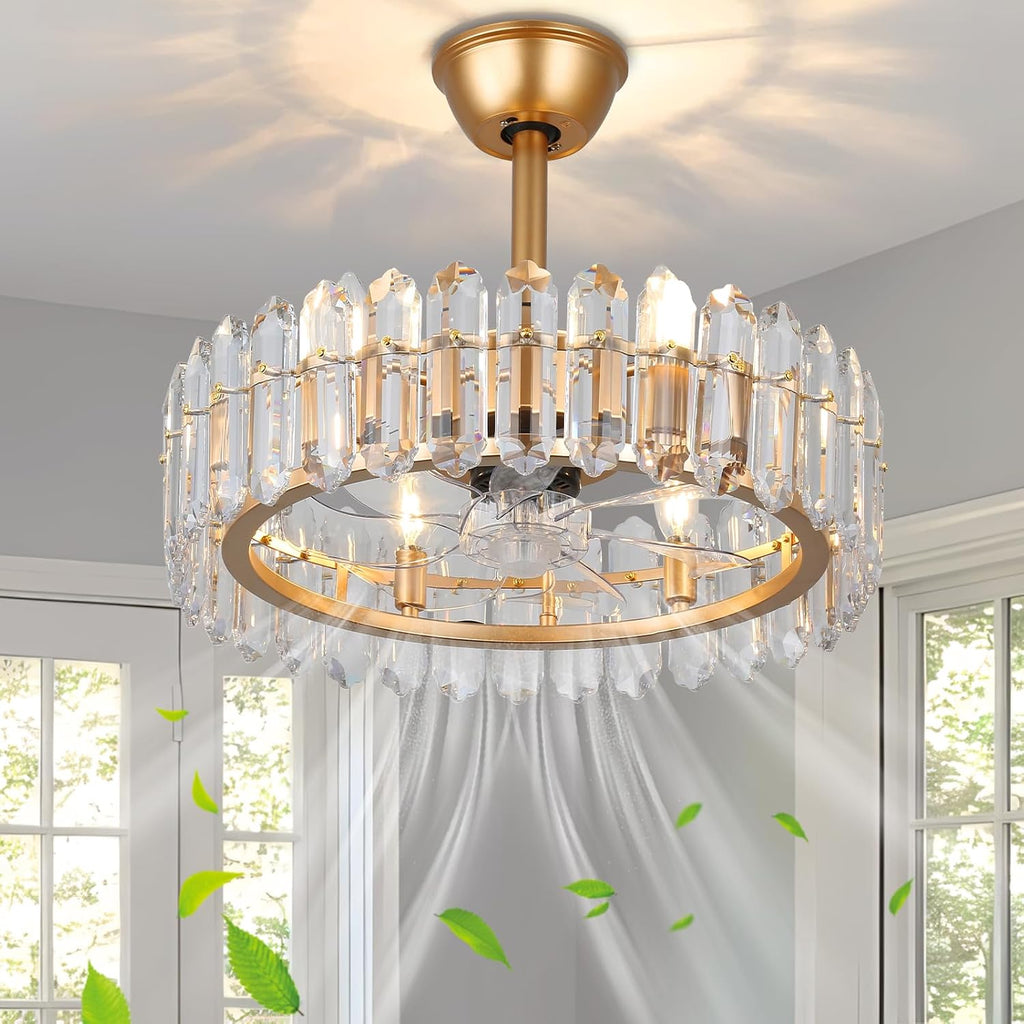 CLAIRDAI Crystal Caged Ceiling Fan with Light, 20.7'' Gold Fandelier, 6 x E12 Bulbs Required, Remote Control, 6-Speed Reversible DC Motor, Flush Mount for Bedroom Living Room Dining Room