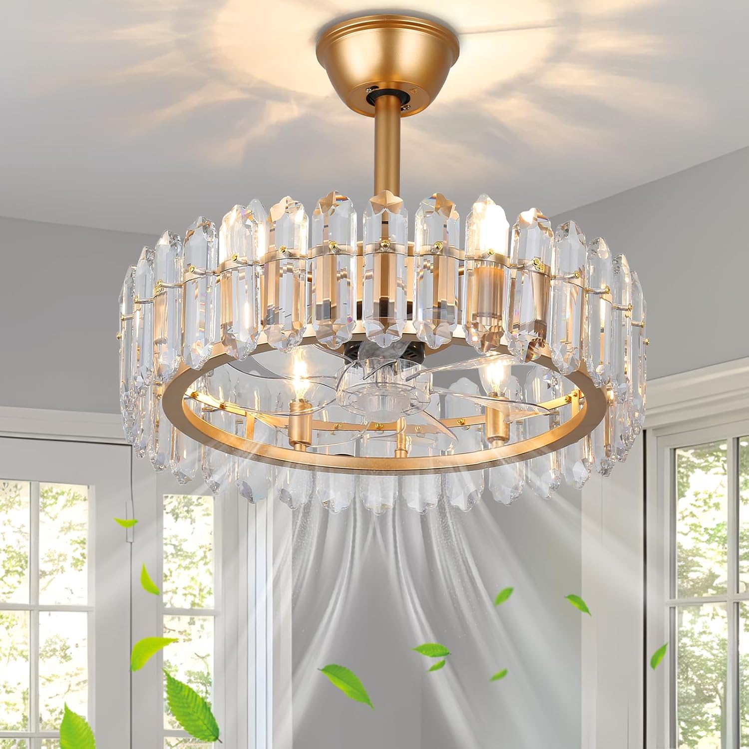 CLAIRDAI Crystal Caged Ceiling Fan with Light, 20.7'' Gold Fandelier, 6 x E12 Bulbs Required, Remote Control, 6-Speed Reversible DC Motor, Flush Mount for Bedroom Living Room Dining Room