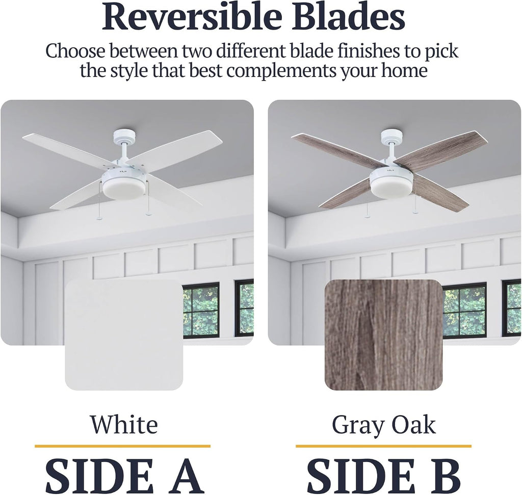 Prominence Home Memphis, 52 Inch Contemporary Indoor LED Ceiling Fan with Light, Pull Chain, Dual Mounting Options, 4 Dual Finish Blades, Reversible Motor - 51651-01 (Bright White)