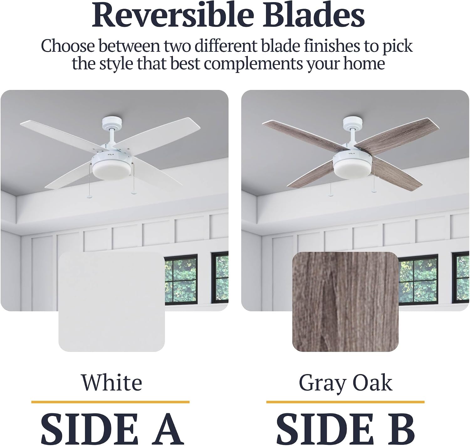 Prominence Home Memphis, 52 Inch Contemporary Indoor LED Ceiling Fan with Light, Pull Chain, Dual Mounting Options, 4 Dual Finish Blades, Reversible Motor - 51651-01 (Bright White)