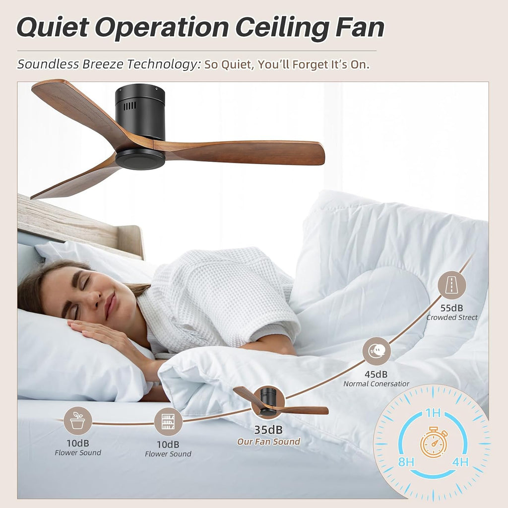 CACI Mall 52 Inch Smart Ceiling Fan without Light, Flush Mount, 3 Blades Solid Wood, Low Profile, Modern, Outdoor/Indoor Ceiling Fans No Light for Bedroom/Farmhouse/Patio