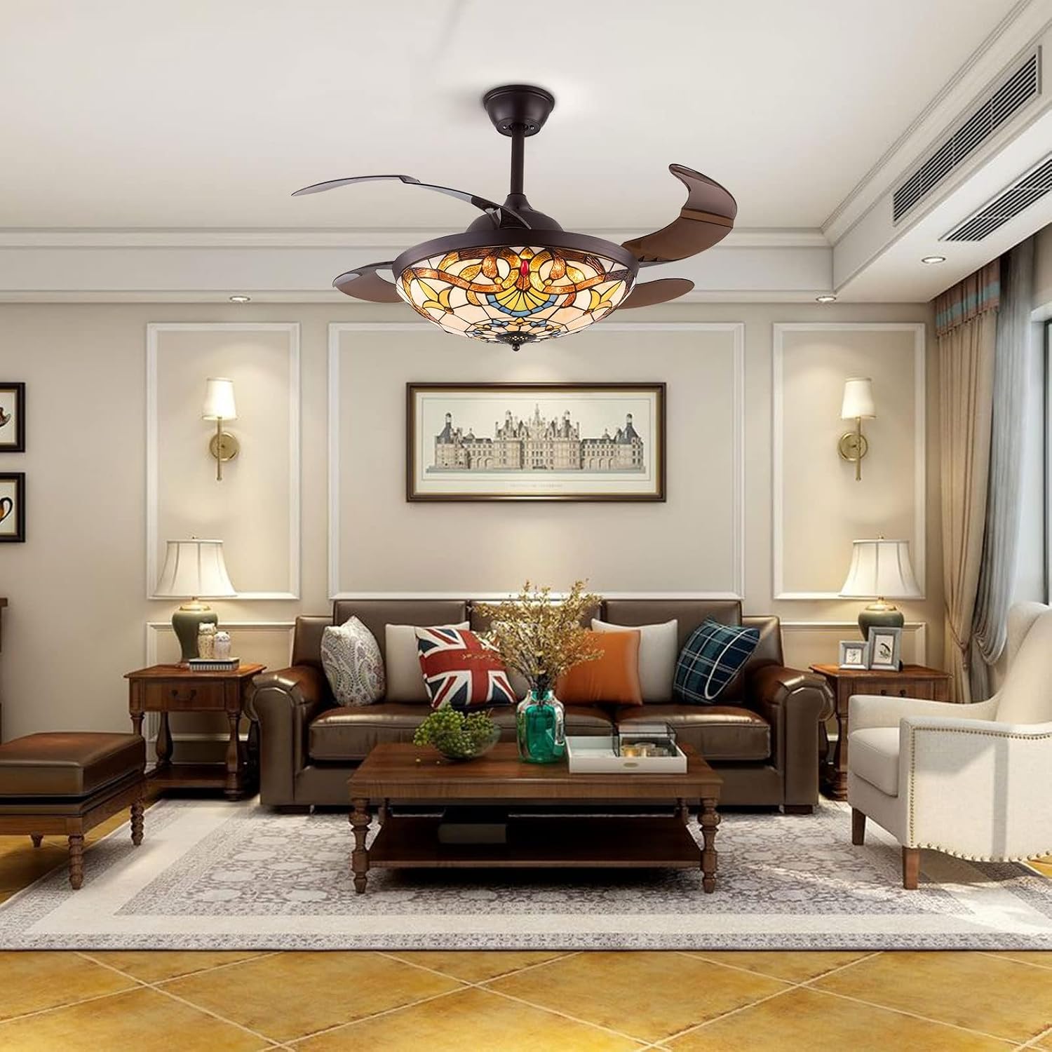 TFCFL 42 Inch Tiffany Style Invisible Ceiling Fan with Lights and Remote Control,Retractable Blades 3 Speeds 3 Light Changes Fandelier Chandelier Fan,Indoor Ceiling Lighting Fixture