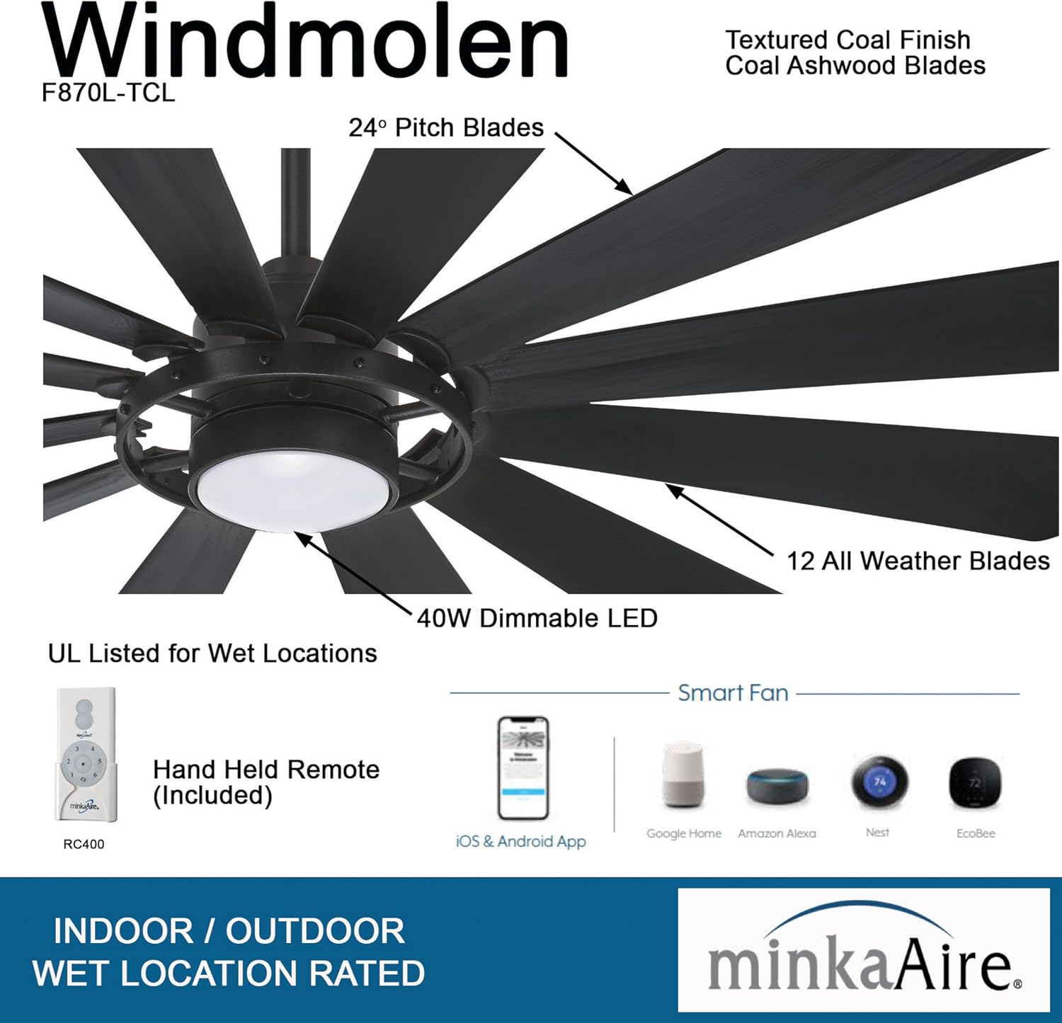 MINKA-AIRE F870L-TCL Windmolen 65 Inch Outdoor Ceiling Fan with LED Light and Remote Control, Textured Coal