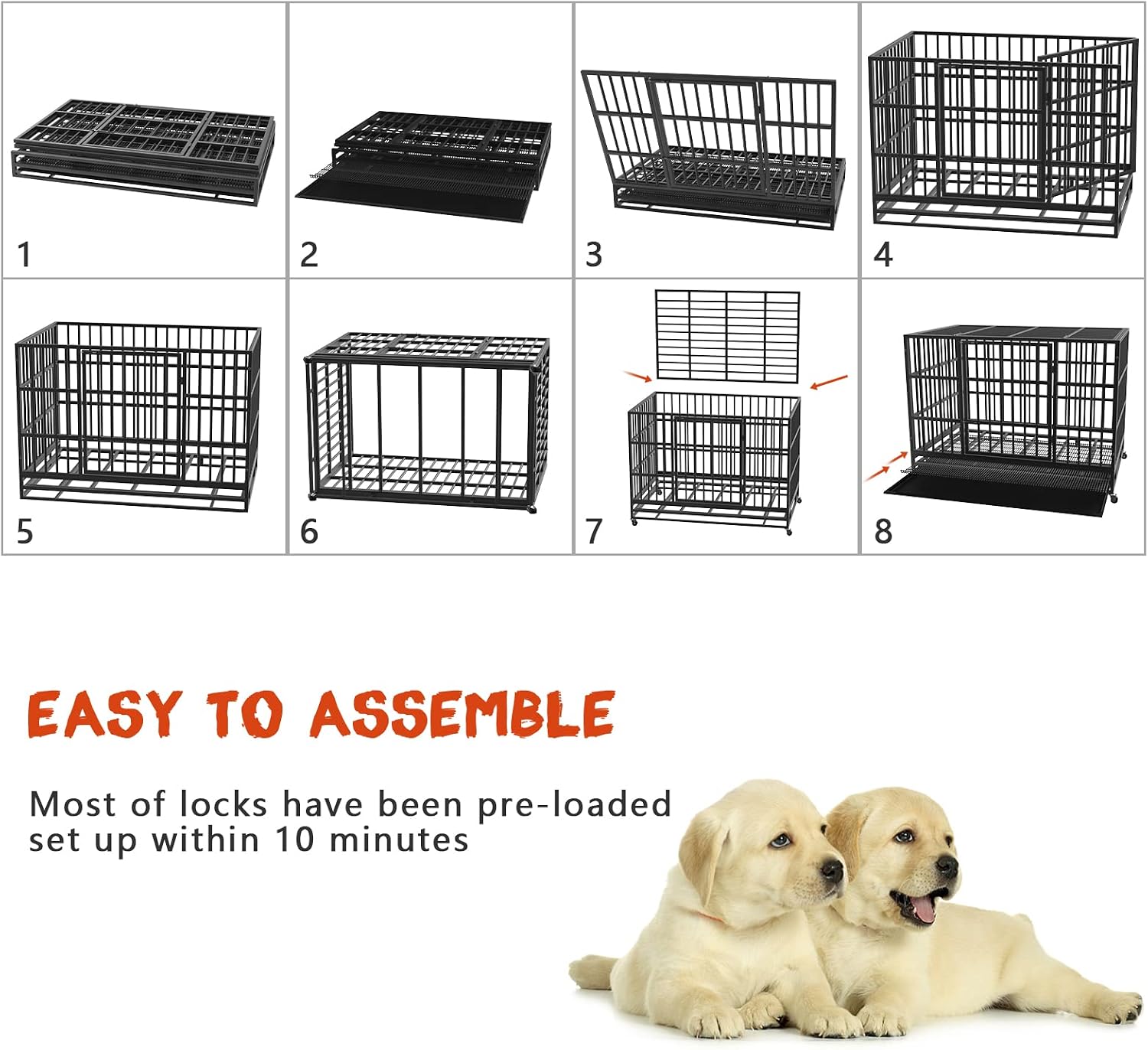 LEMBERI 38 Inch Heavy Duty Indestructible Dog Crate, High Capacity Escape Proof Double Door Kennel with Lockable Wheels, Small Metal Dog Cage with Reinforced Steel Tubes, Removable Tray, Black