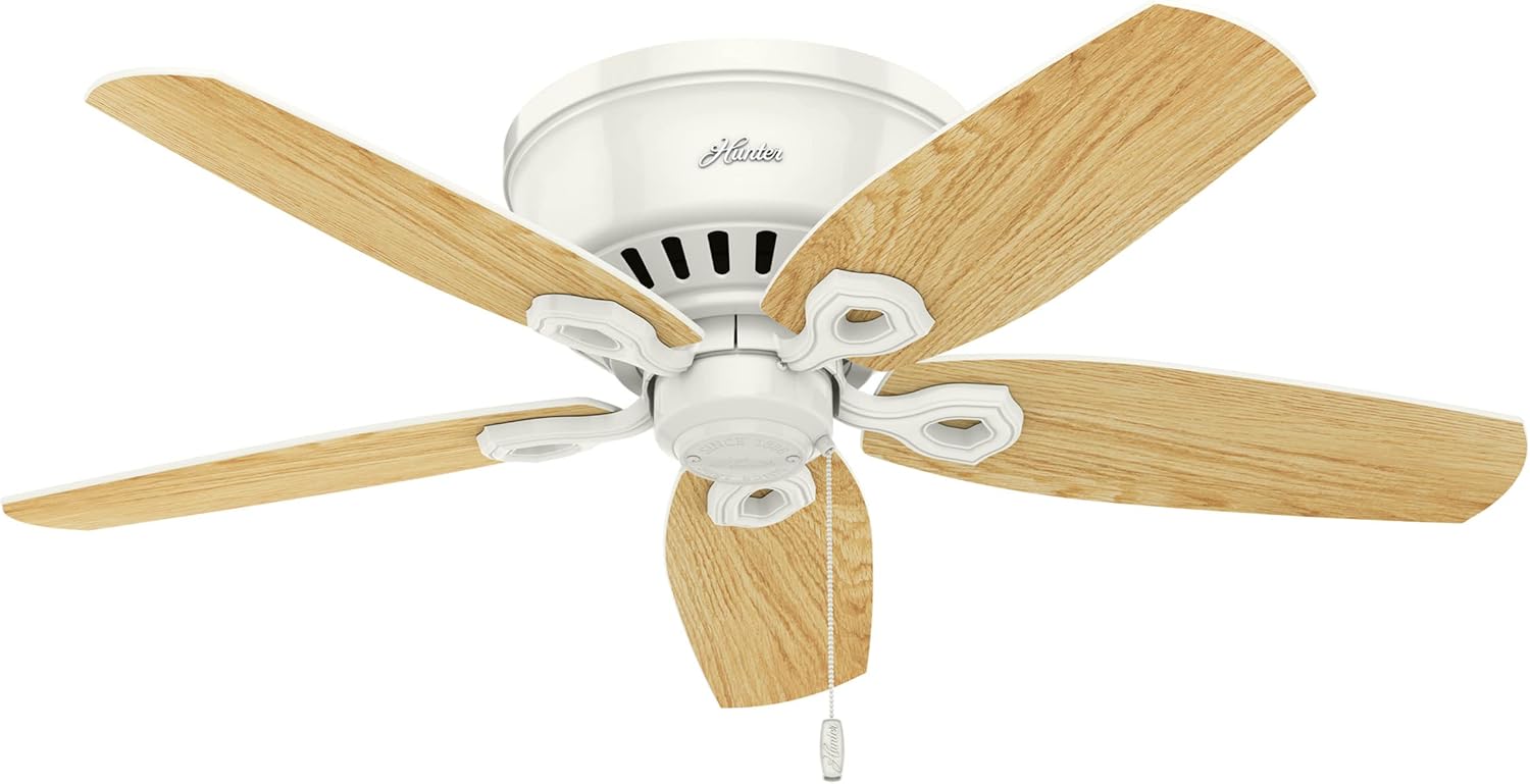 Hunter 42 inch Indoor Ceiling Fan with LED Lights - White Ceiling Fan with Pull Chain, For Bedroom, Living Room, or Kitchen, Low Profile Flush Mount, No Remote, 5 Blades - Builder 51090, Snow White