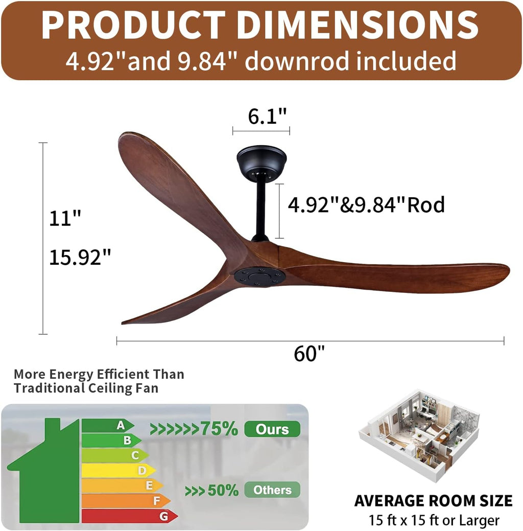 Bigzone 60' Outdoor Ceiling Fan Without Light, Energy Efficient DC Motor, 3 Solid Wood Blades, Wood Ceiling Fan with Remote Control, Reversible Blades