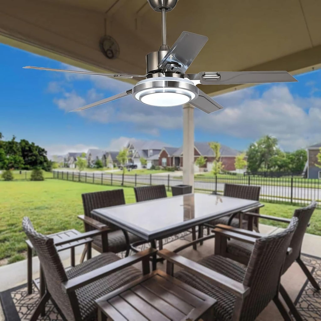 Reversible Ceiling Fan, Remote Control Patio Fandelier with Stainless Steel Blades, 48 Inch Brushed Nickel Ceiling Fan with LED Light for Pavilion, Warehouse Chandelier (48 inch)