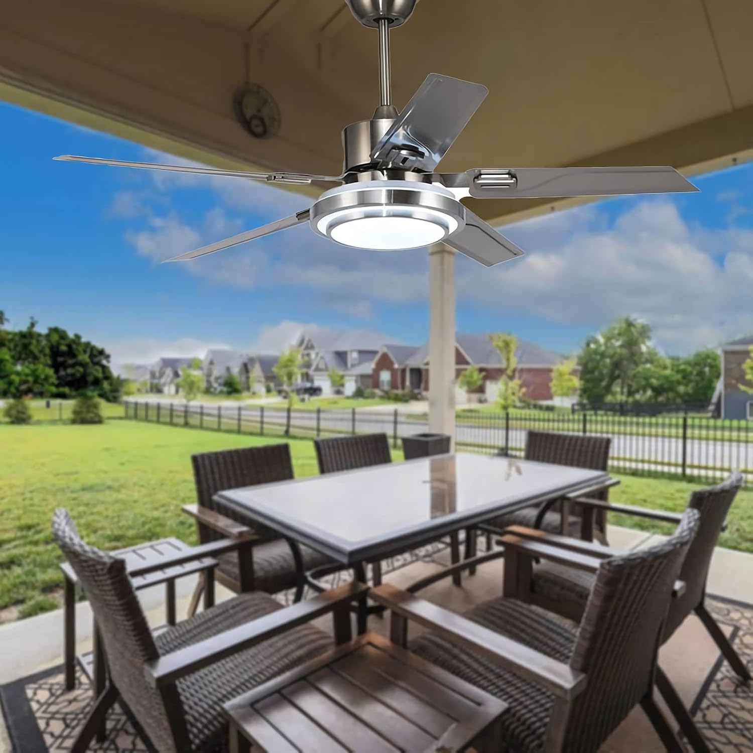 Reversible Ceiling Fan, Remote Control Patio Fandelier with Stainless Steel Blades, 48 Inch Brushed Nickel Ceiling Fan with LED Light for Pavilion, Warehouse Chandelier (48 inch)