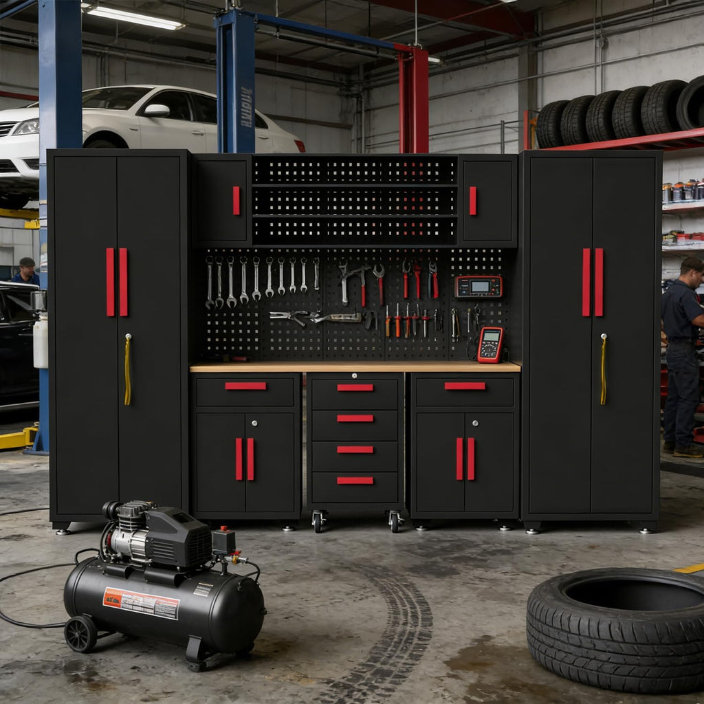 Garage Storage Cabinet System, 9-Pcs Workshop Cabinet Set in Black, Included Steel Cabinets Drawers Rolling Chest and Pegboard,Locked Garage Storage Cabinet,Red Handle
