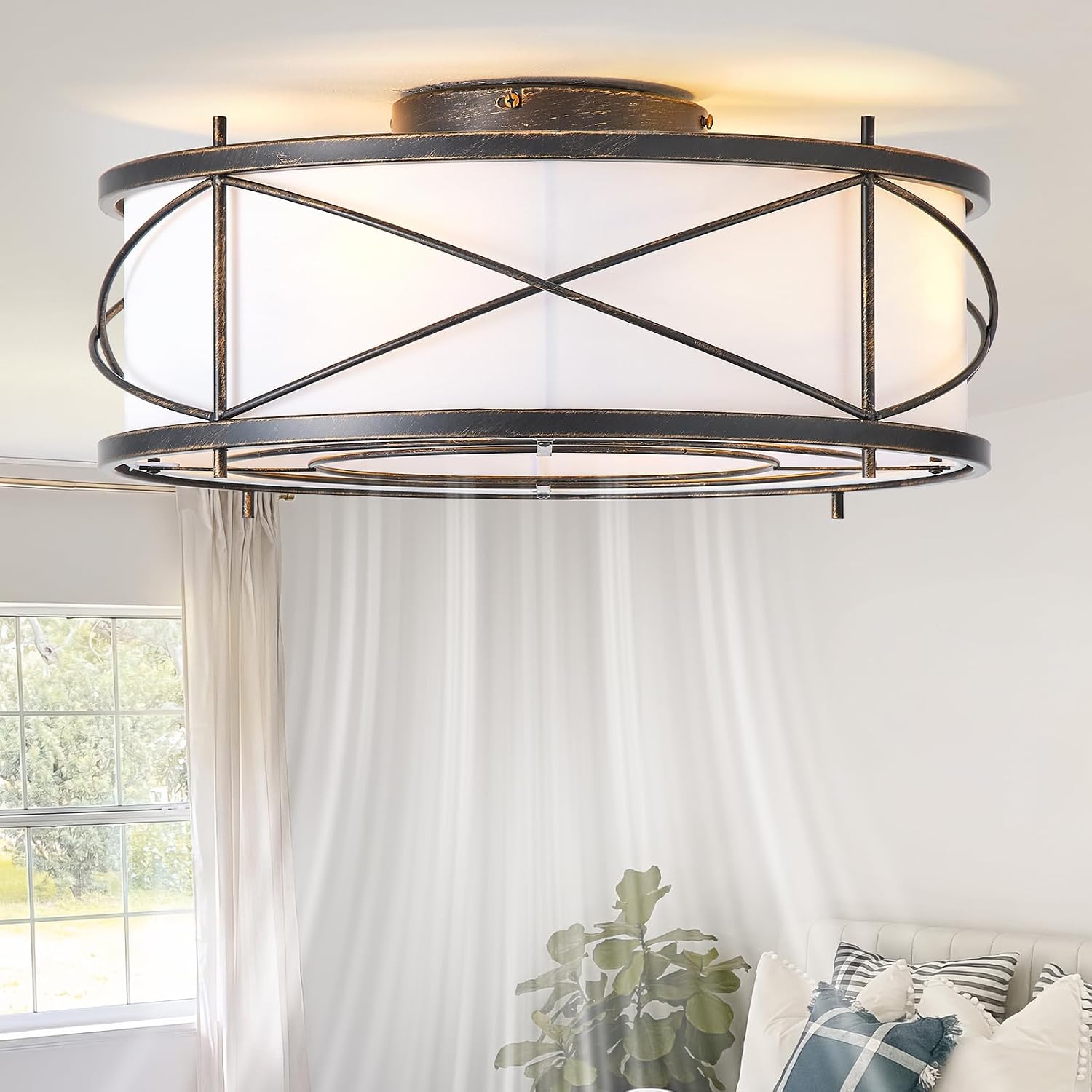 Black Flush Mount Farmhouse Ceiling Fan with Lights, 20' Caged Rustic Ceiling Fans with Light and Remote, Enclosed with 6 Speeds for Living Room, Bedroom, Nursery