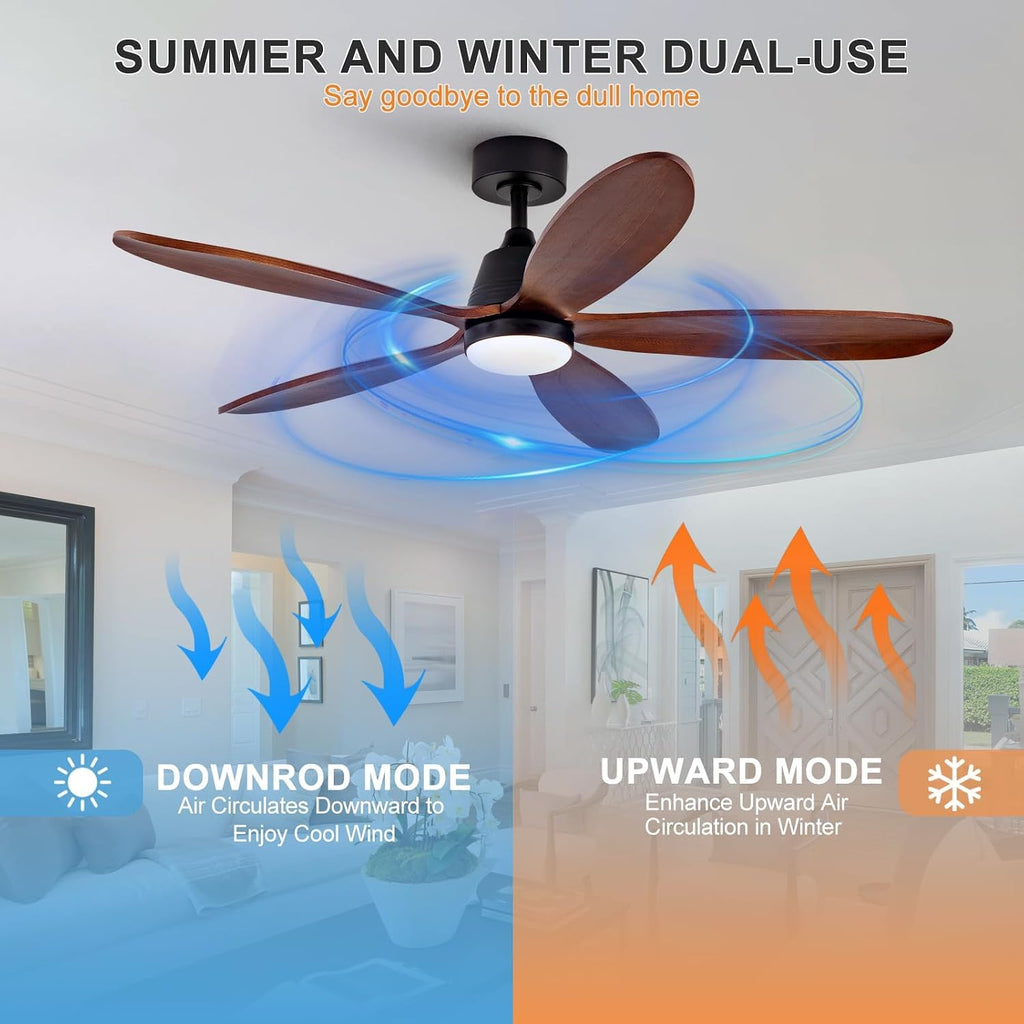 48 Inch Wood Ceiling Fans with Lights and Remote, Modern Outdoor Ceiling Fan with Light for Patio, Dimmable, 5 Blades, Wall Switch, Reversible DC Motor, Memory Function (Black Walnut)