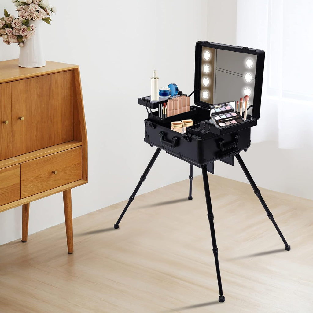 Aluminum Trolley Makeup Train Case with LED Light & Mirror,Professional Cosmetic Travel Box with Retractable Legs, Rolling Lighted Makeup Vanity Station for Travel (Black)