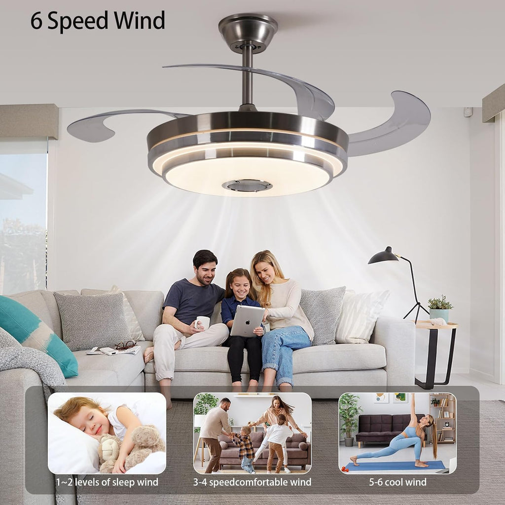 42 Inch RGB Retractable Ceiling Fan with Light, Reversible,Dimmable,Ultra-Quiet Invisible Chandelier Fan with Speaker for Kids Room Living Room Dinner Room,Brushed Nickel