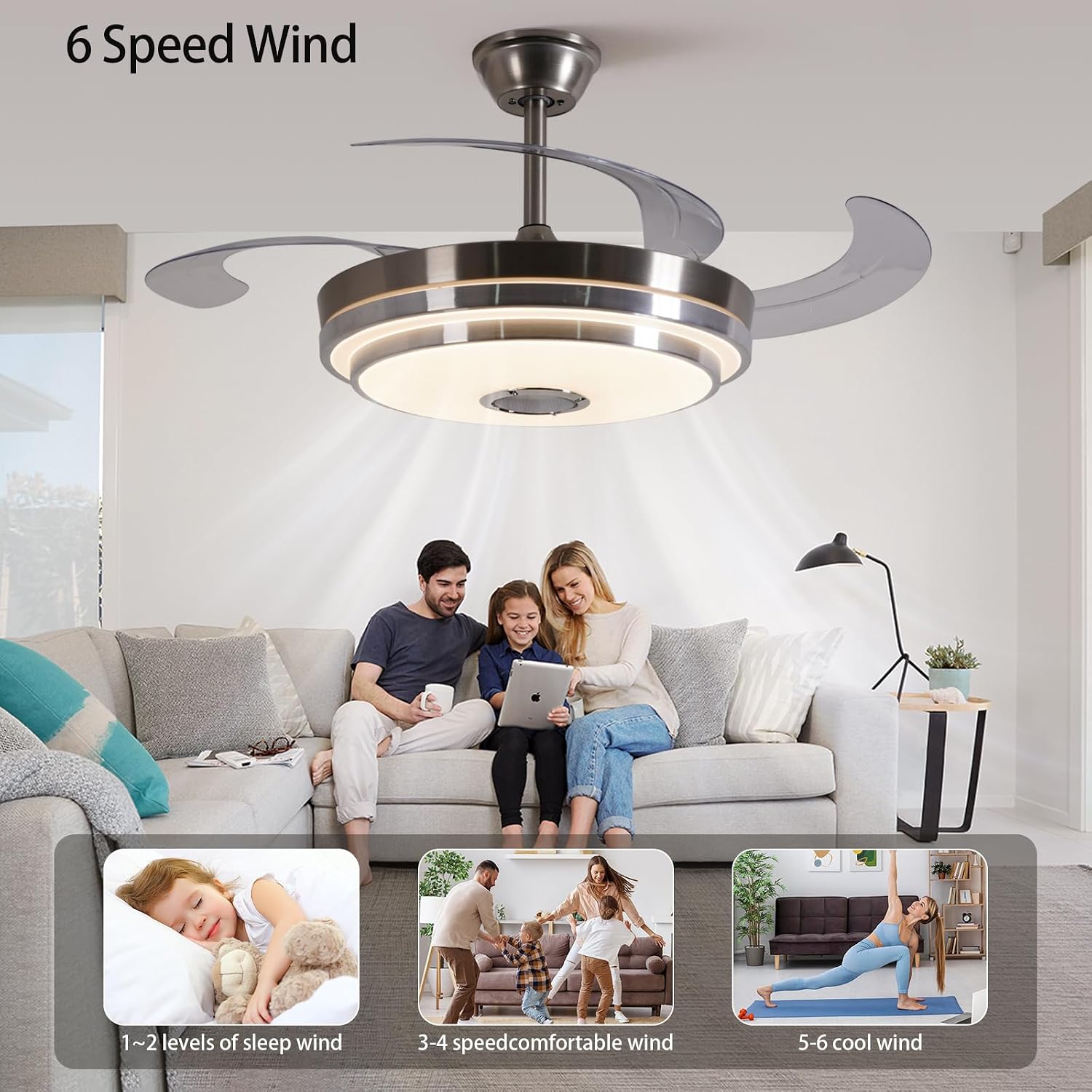 42 Inch RGB Retractable Ceiling Fan with Light, Reversible,Dimmable,Ultra-Quiet Invisible Chandelier Fan with Speaker for Kids Room Living Room Dinner Room,Brushed Nickel