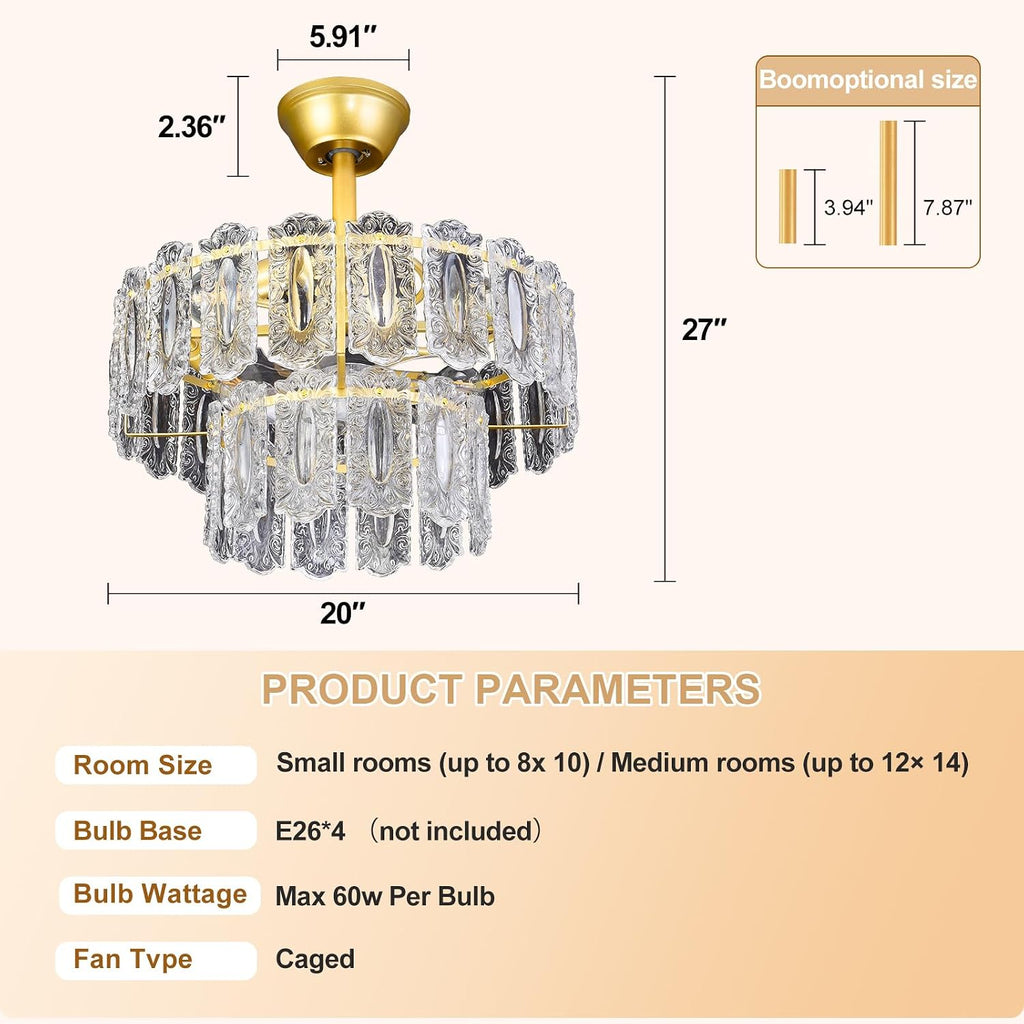 Depuley Bedroom Ceiling Fan with Lights: 20' Gold Chandelier Small Fan with Remote Control - Modern Crystal Fandelier for Girl's Bedroom Living Room Nursery (E26 Bulbs Not Included)