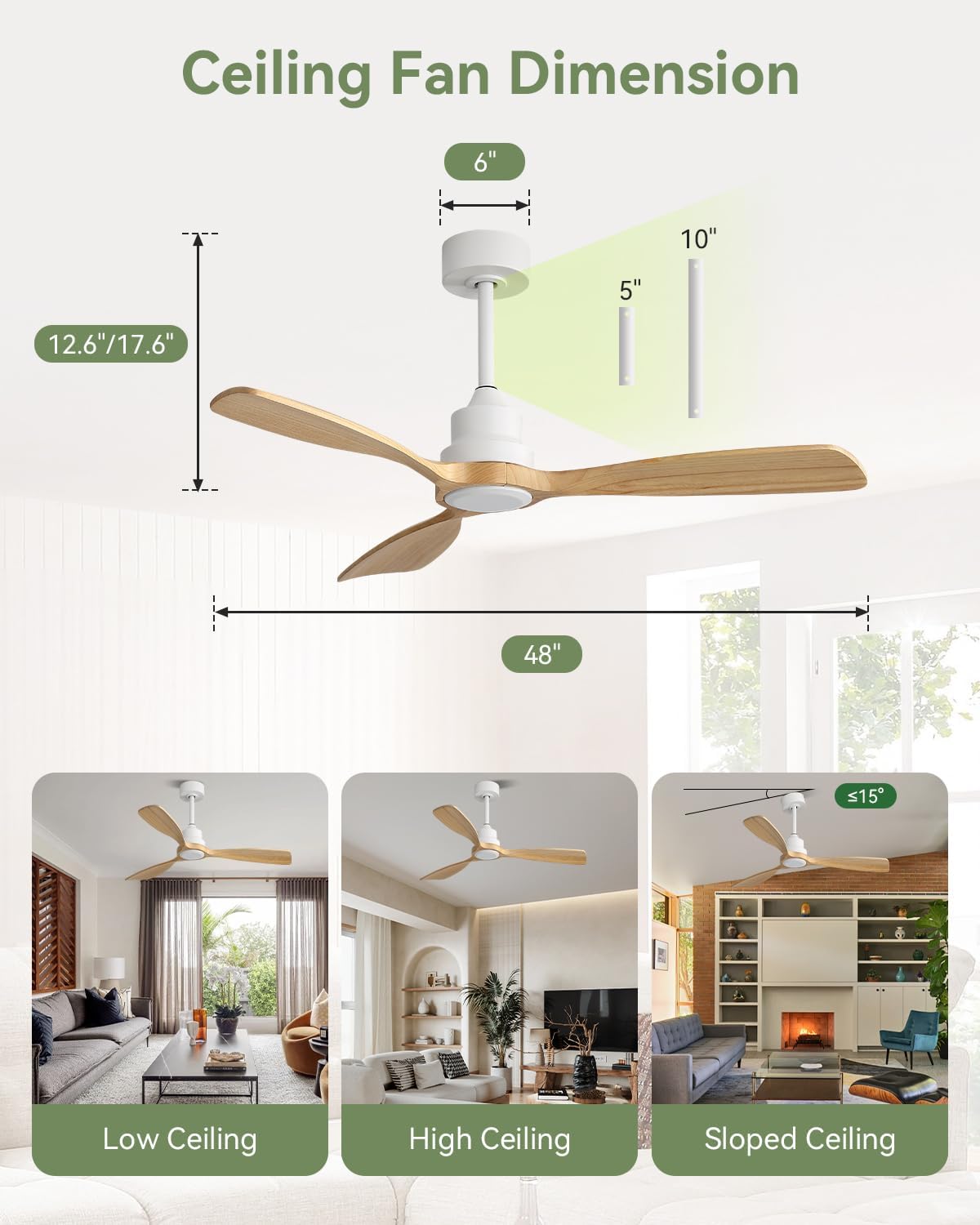 Sofucor 48 Inch Ceiling Fan No Light-Outdoor Ceiling Fans Without Lights, 3 Solid Wood Blades Reversible Quiet DC Motor, Modern Ceiling Fan with Remote Control for Indoor Bedroom/Living Room/Patios