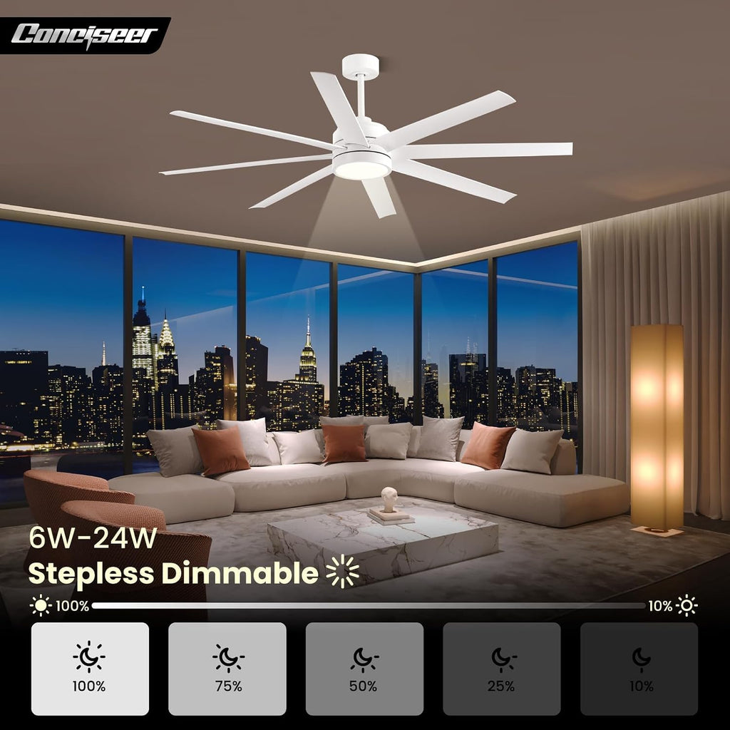 Modern Ceiling Fans with Lights, 65 Inch Ceiling Fan with Light and Remote for Bedroom Living Room Kitchen Office, Indoor/Outdoor Use, 24W 3CCT 8 Blades 6 Speed Reversible Quiet DC Motor, White