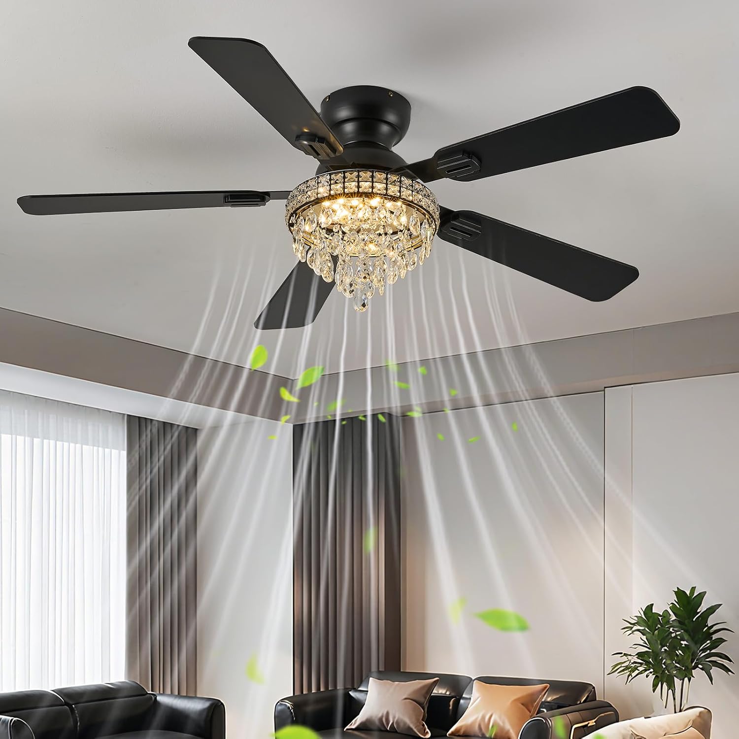 52' Crystal Ceiling Fans with RGB Lights, Remote/App Control, Modern Fandelier Ceiling Fan Flush Mount, Reversible DC Motor, Dimmable, Bedroom Chandelier Fan, (Black)