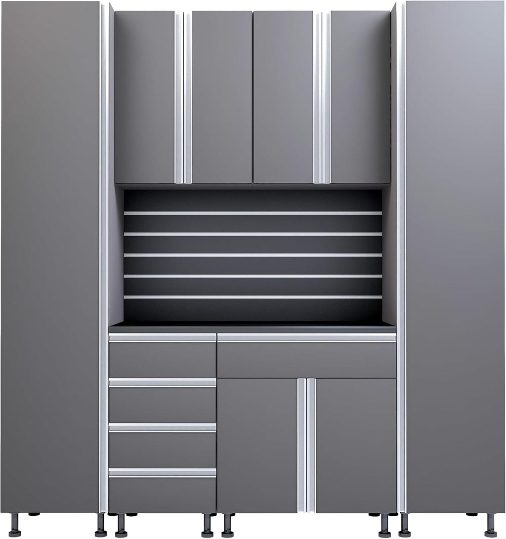 Premium Garage Cabinets 7' Storage Sets Solution with Adjustable Legs, Soft-Close Drawer & Door, Integrated Handles, Heavy Duty Plywood Box Construction, Tool and Equipment Organizer (Combo 7CS-011A)