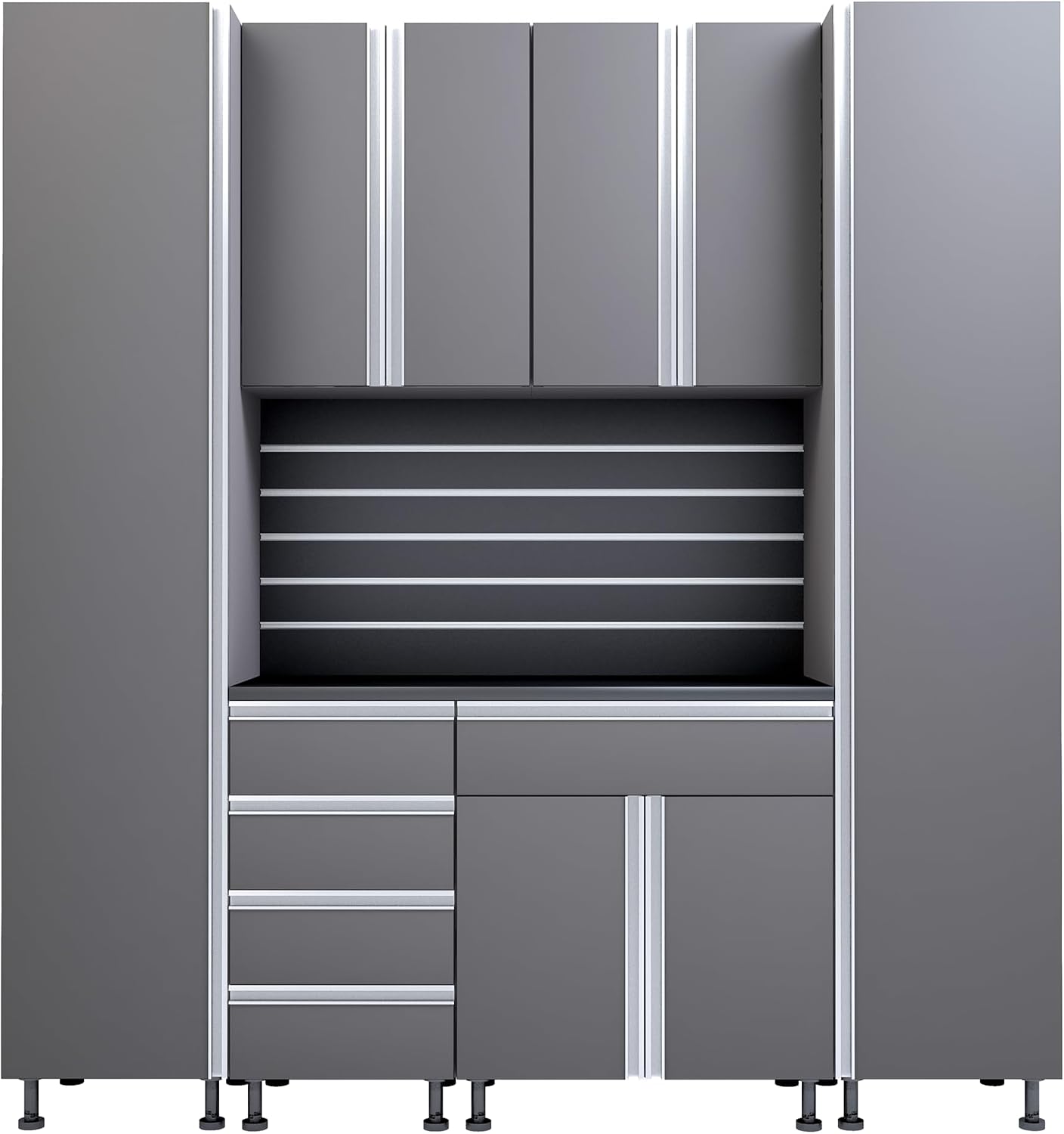 Premium Garage Cabinets 7' Storage Sets Solution with Adjustable Legs, Soft-Close Drawer & Door, Integrated Handles, Heavy Duty Plywood Box Construction, Tool and Equipment Organizer (Combo 7CS-011A)