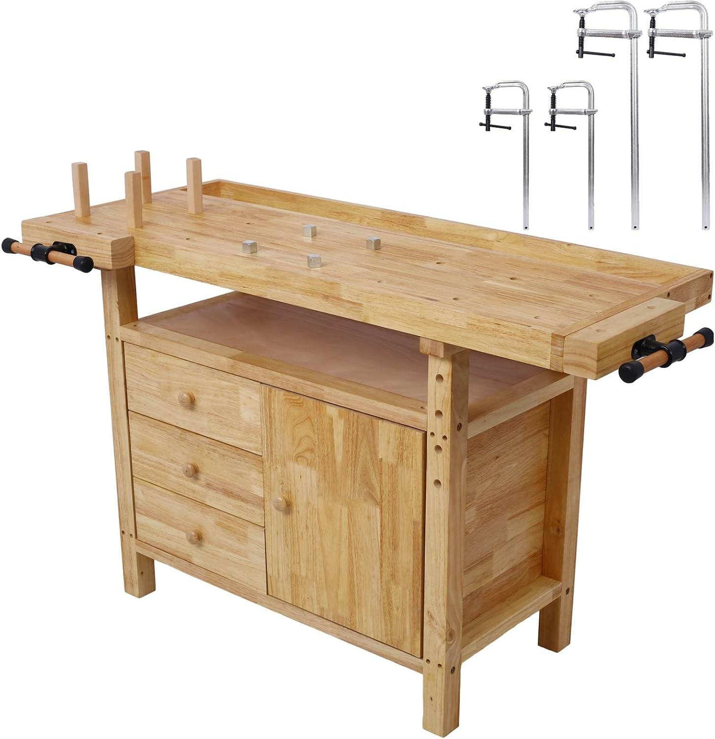 Wood Workbench - Wooden Workbench for Garage Workshop and Home, with Bar Clamps Set 2 pcs 12 inch x 3inch+ 2pcs 20inchx4-3/4,4pcs Pack