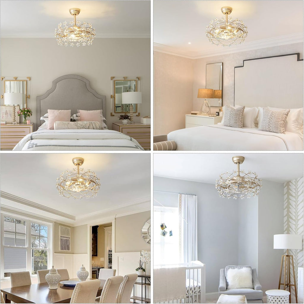 20' Gold Crystal Fandelier Ceiling Fans with lights, Gold Caged Flower ceiling fan with Remote Control, Chandelier with 6 Speeds for Bedroom, Nursery, Living Room