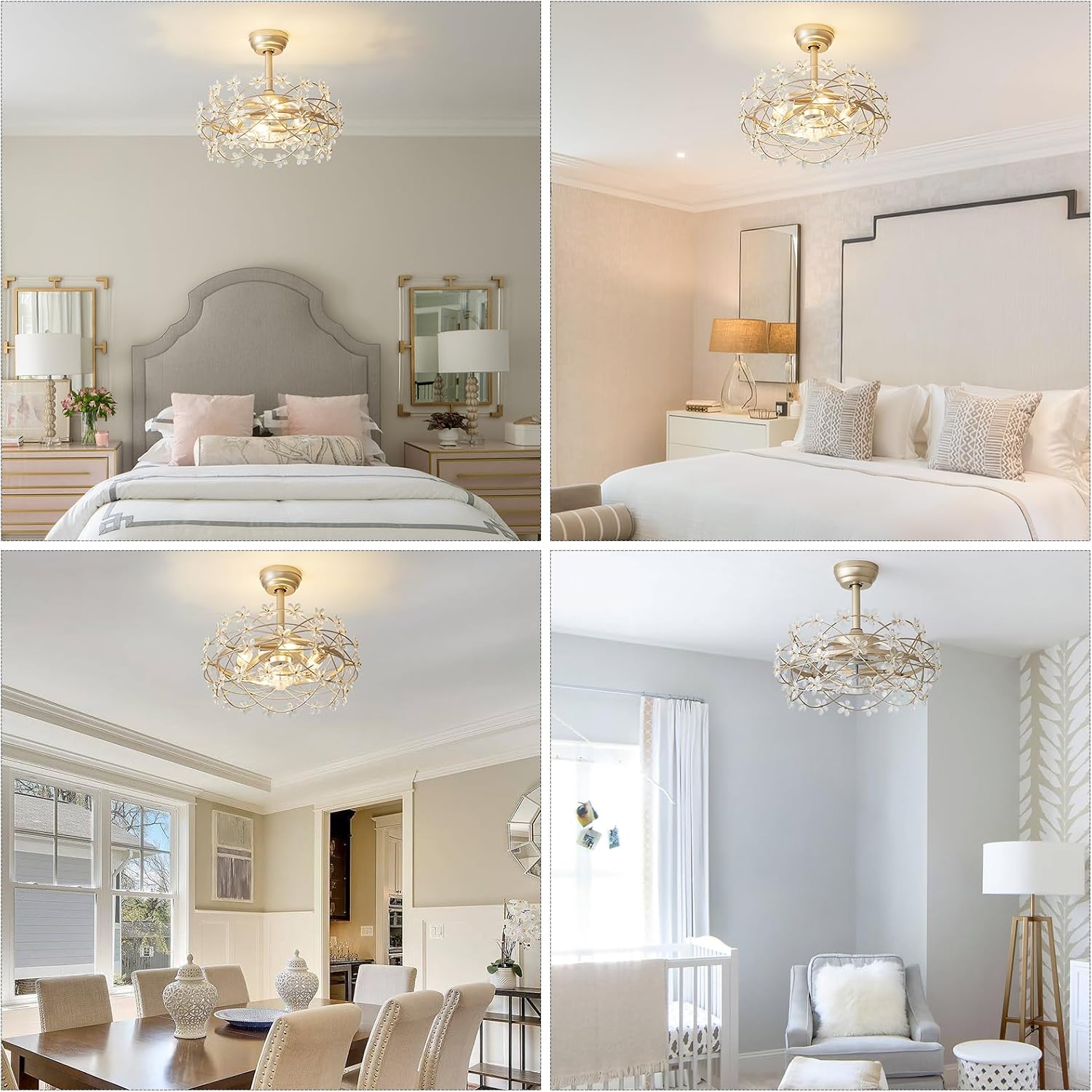 20' Gold Crystal Fandelier Ceiling Fans with lights, Gold Caged Flower ceiling fan with Remote Control, Chandelier with 6 Speeds for Bedroom, Nursery, Living Room